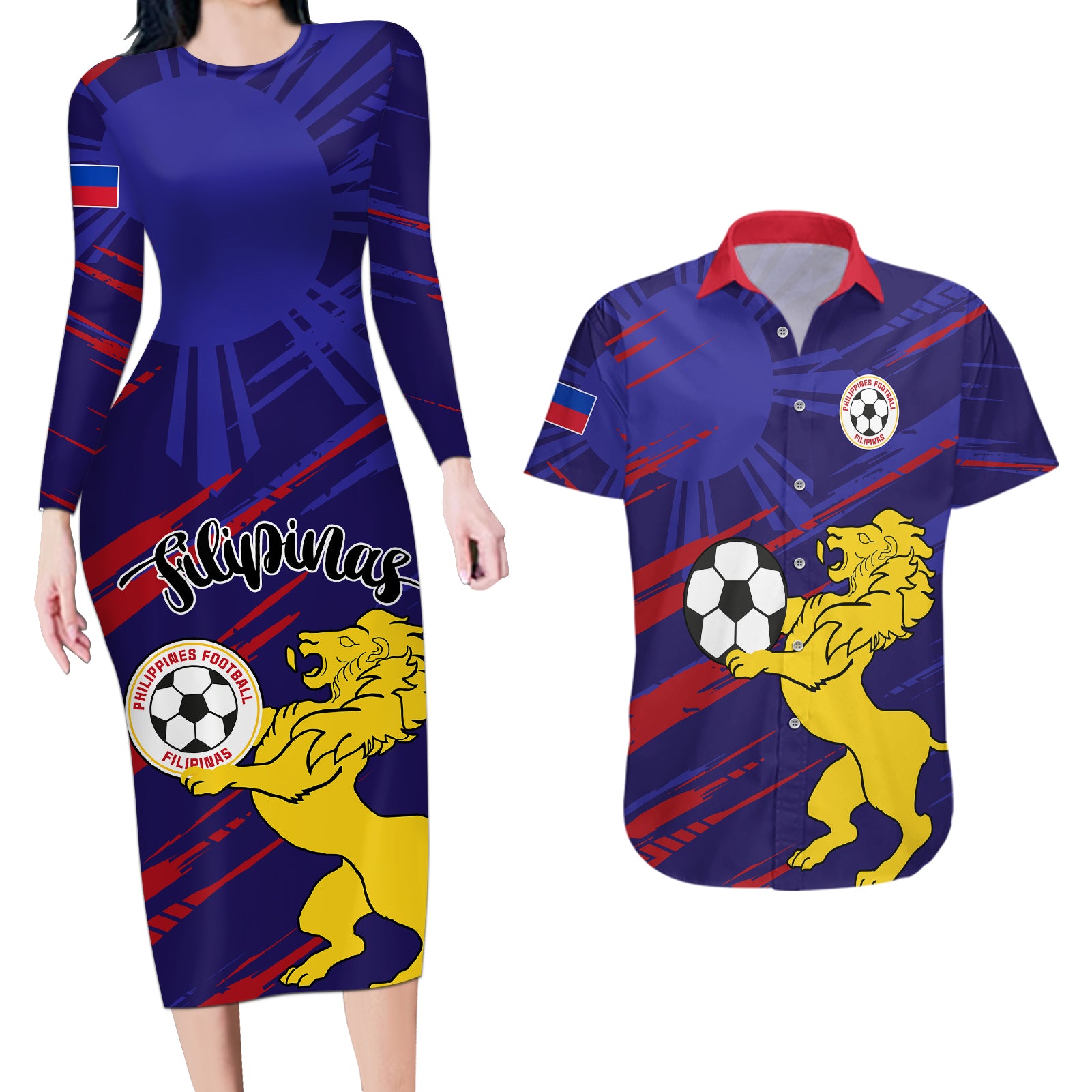 Philippines Football Couples Matching Long Sleeve Bodycon Dress and Hawaiian Shirt Filipinas Lion Sporty Style - Wonder Print Shop