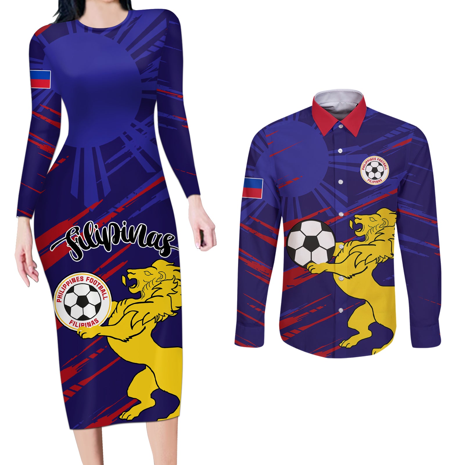 Philippines Football Couples Matching Long Sleeve Bodycon Dress and Long Sleeve Button Shirts Filipinas Lion Sporty Style - Wonder Print Shop