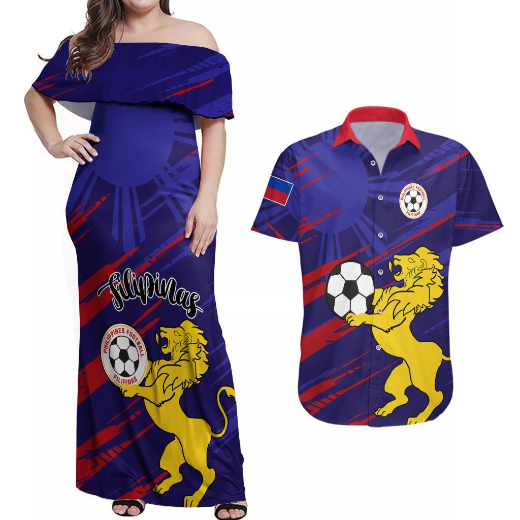 Philippines Football Couples Matching Off Shoulder Maxi Dress and Hawaiian Shirt Filipinas Lion Sporty Style - Wonder Print Shop