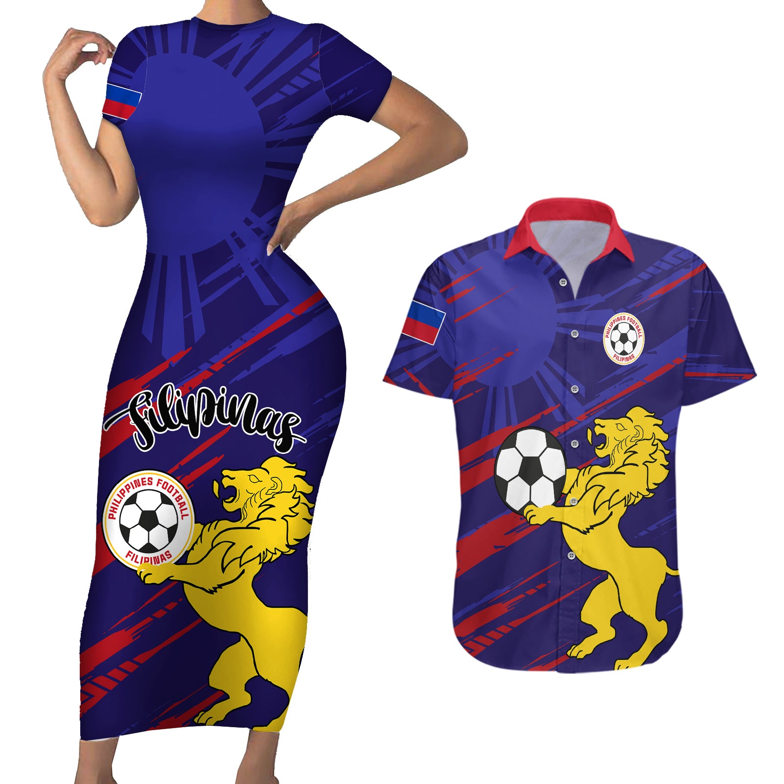 Philippines Football Couples Matching Short Sleeve Bodycon Dress and Hawaiian Shirt Filipinas Lion Sporty Style - Wonder Print Shop