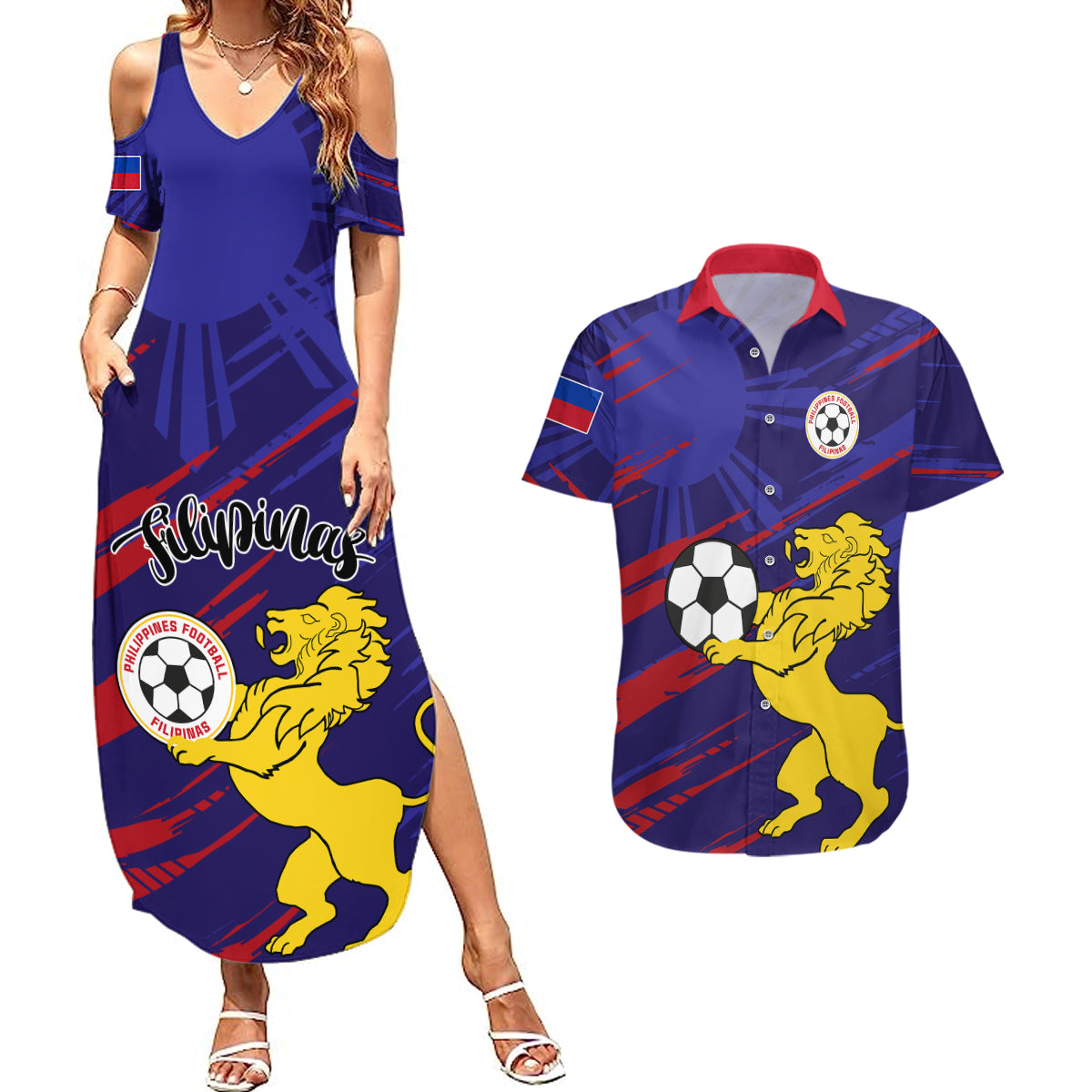 Philippines Football Couples Matching Summer Maxi Dress and Hawaiian Shirt Filipinas Lion Sporty Style - Wonder Print Shop