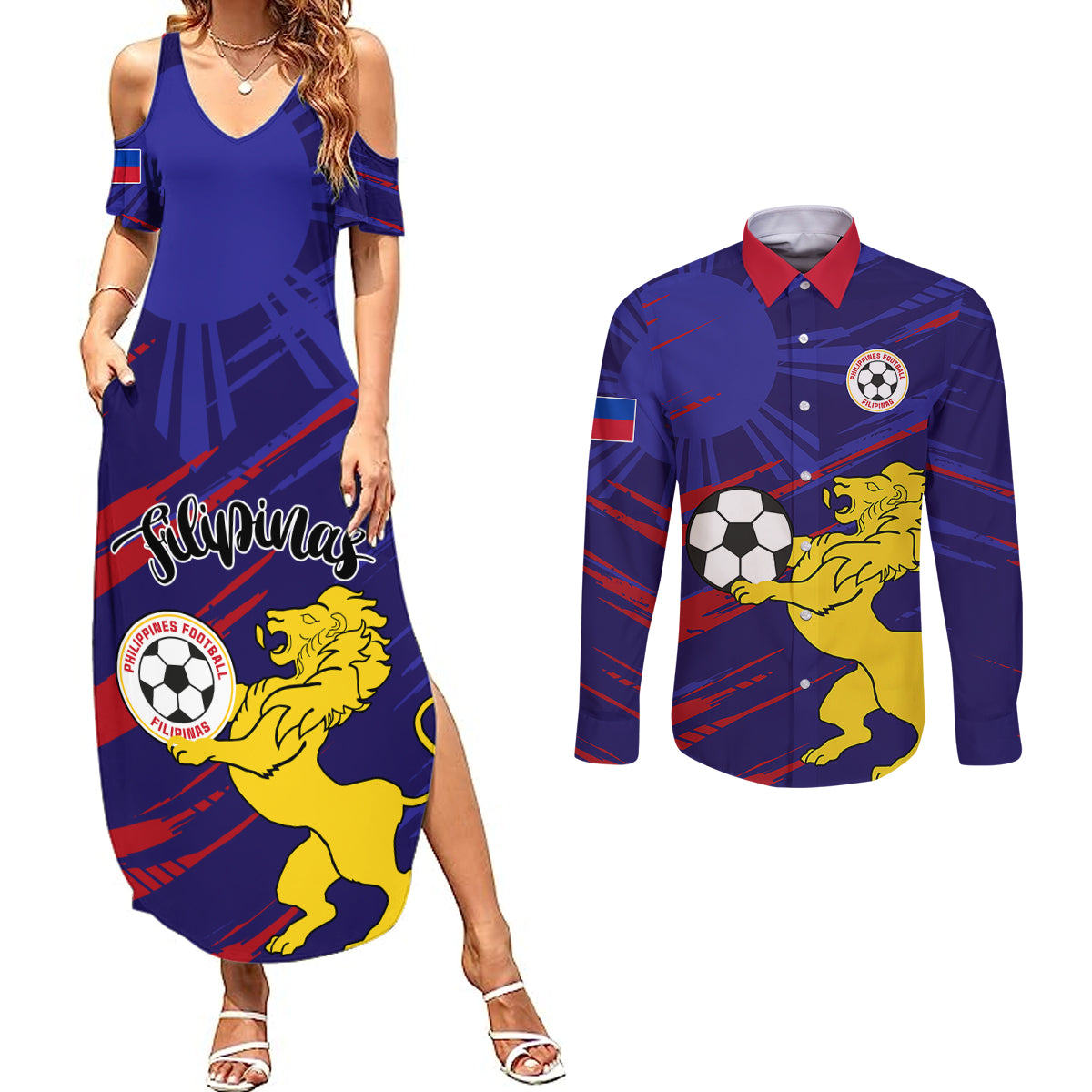 Philippines Football Couples Matching Summer Maxi Dress and Long Sleeve Button Shirts Filipinas Lion Sporty Style - Wonder Print Shop