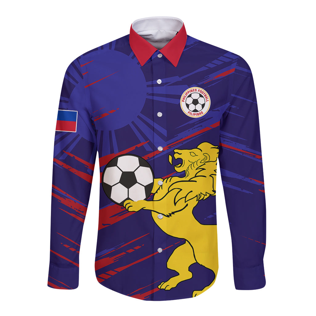 Dark blue long-sleeve button shirt with red collar, football and lion graphic