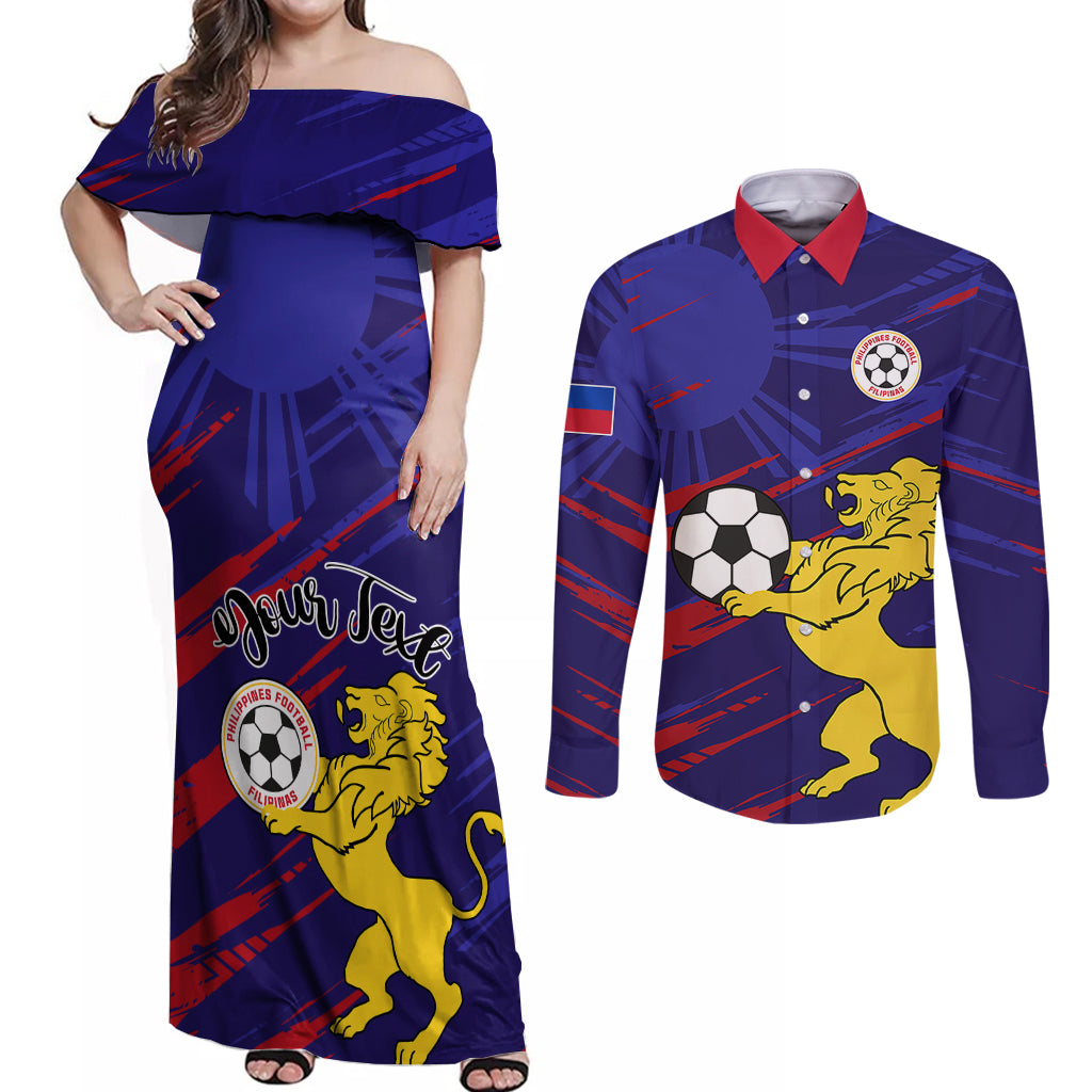 Personalised Philippines Football Couples Matching Off Shoulder Maxi Dress and Long Sleeve Button Shirts Filipinas Lion Sporty Style - Wonder Print Shop