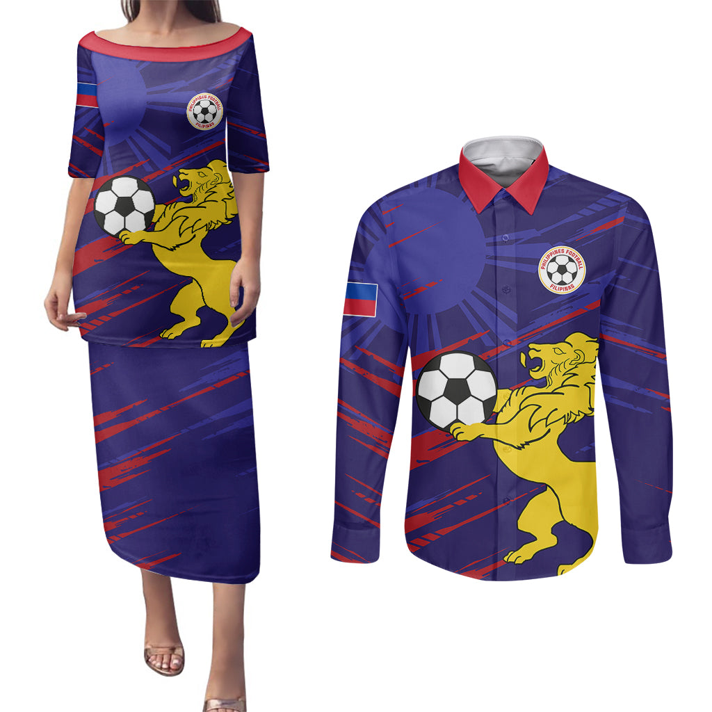 Personalised Philippines Football Couples Matching Puletasi Dress and Long Sleeve Button Shirts Filipinas Lion Sporty Style - Wonder Print Shop