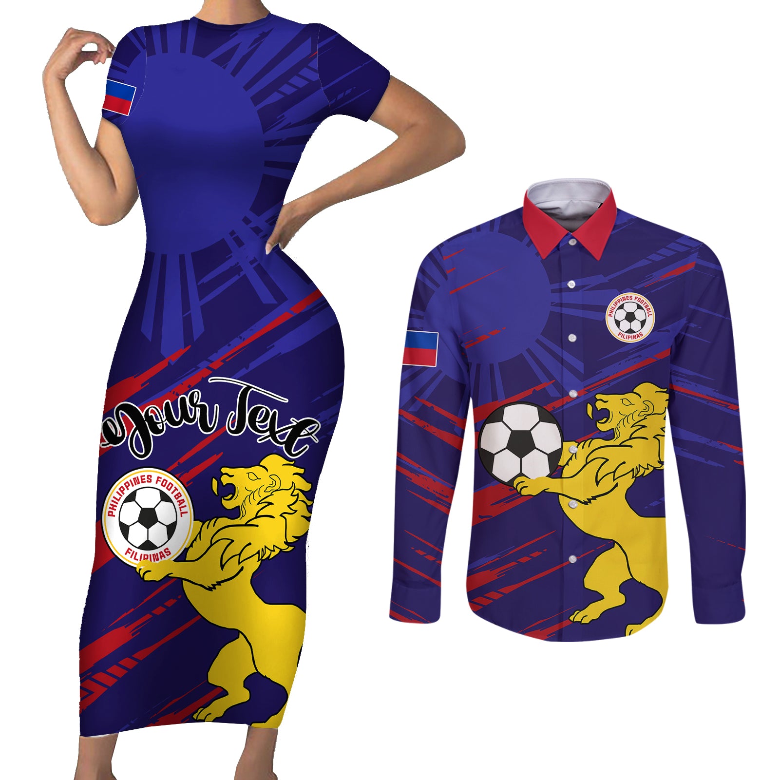 Personalised Philippines Football Couples Matching Short Sleeve Bodycon Dress and Long Sleeve Button Shirts Filipinas Lion Sporty Style - Wonder Print Shop