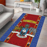 Blue and red area rug with shield graphic, lion and elephant, and ESWATINI text
