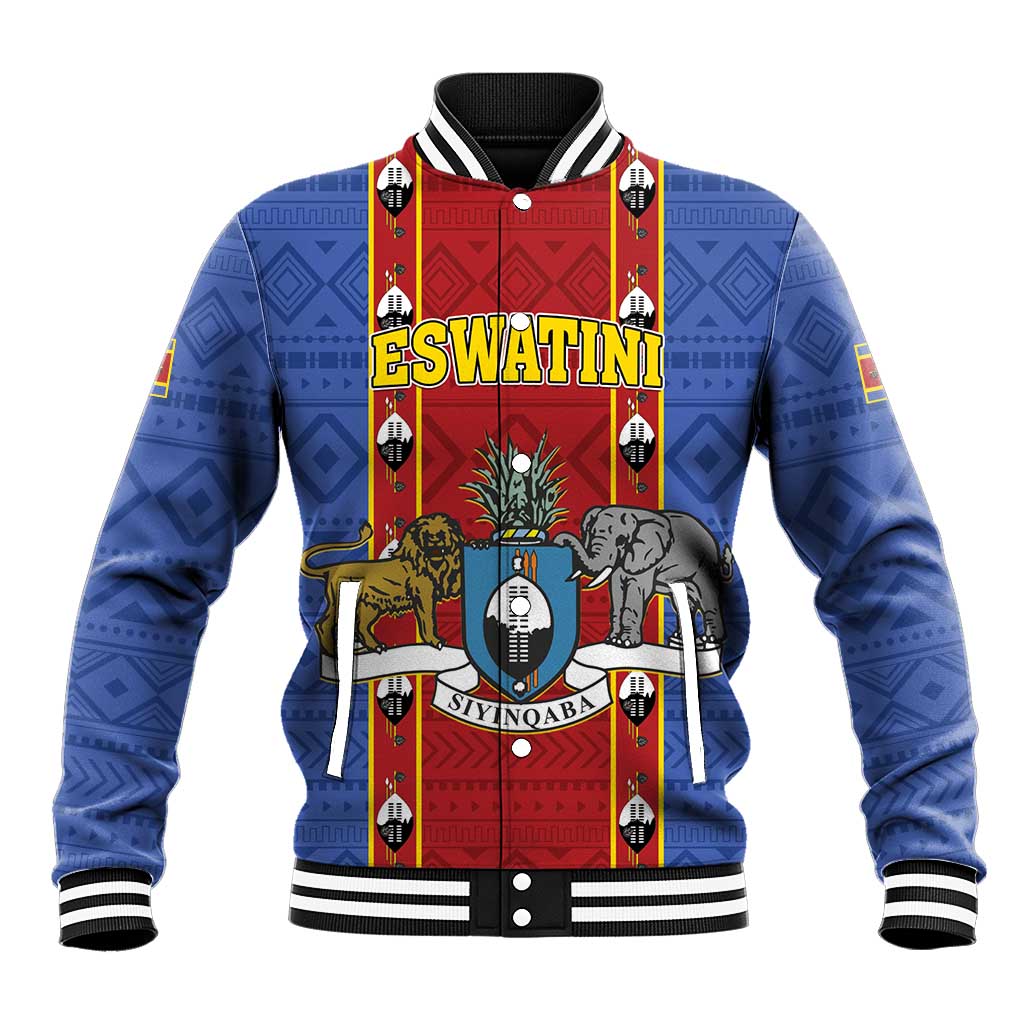 Blue varsity baseball jacket with red crest graphic and patterned sleeves