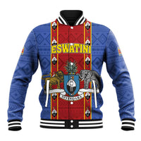 Blue varsity baseball jacket with red crest graphic and patterned sleeves