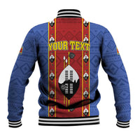 Blue baseball jacket with striped collar and back panel for custom text