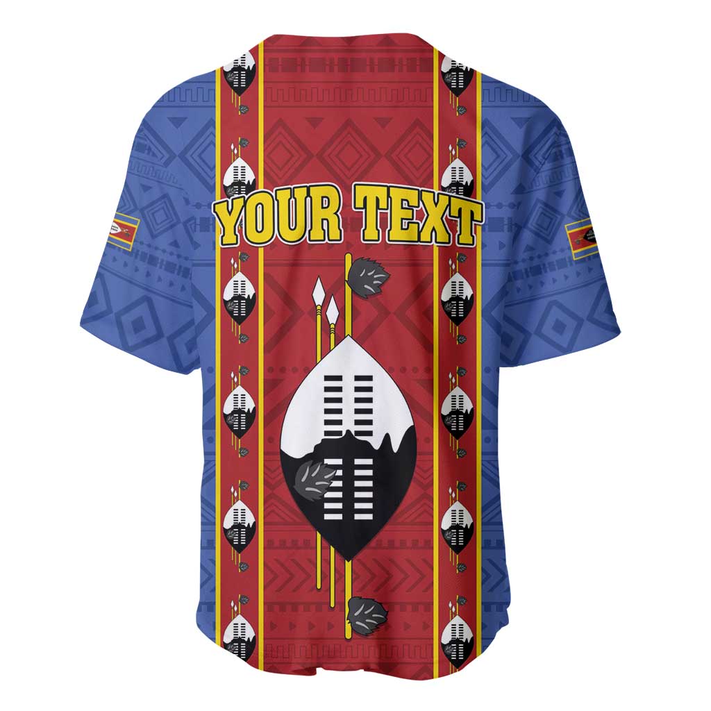 African pattern baseball jersey back, red/blue, YOUR TEXT shield graphic