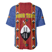 African pattern baseball jersey back, red/blue, YOUR TEXT shield graphic