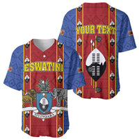 African pattern baseball jersey, red/blue, ESWATINI shield with animals