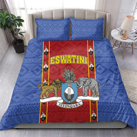 Blue and red country-themed bedding set with animal shield center and two pillowcases