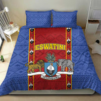 Blue bedding set with red shield design, animal figures, and two matching pillowcases