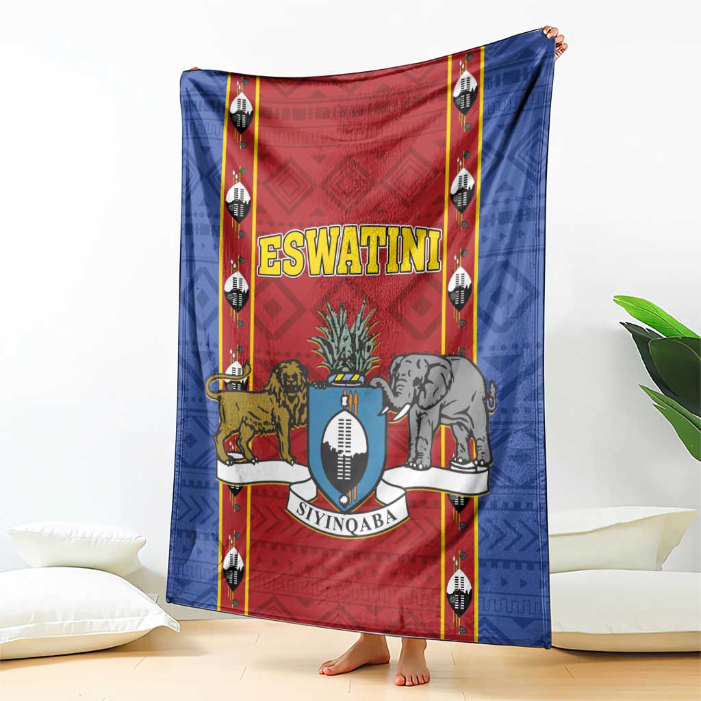 Blue and red shield crest blanket with lion, elephant, and Eswatini text design