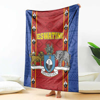 Blue and red shield crest blanket with lion, elephant, and Eswatini text design