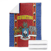 Blue and red blanket with Eswatini shield crest and lions and elephant artwork