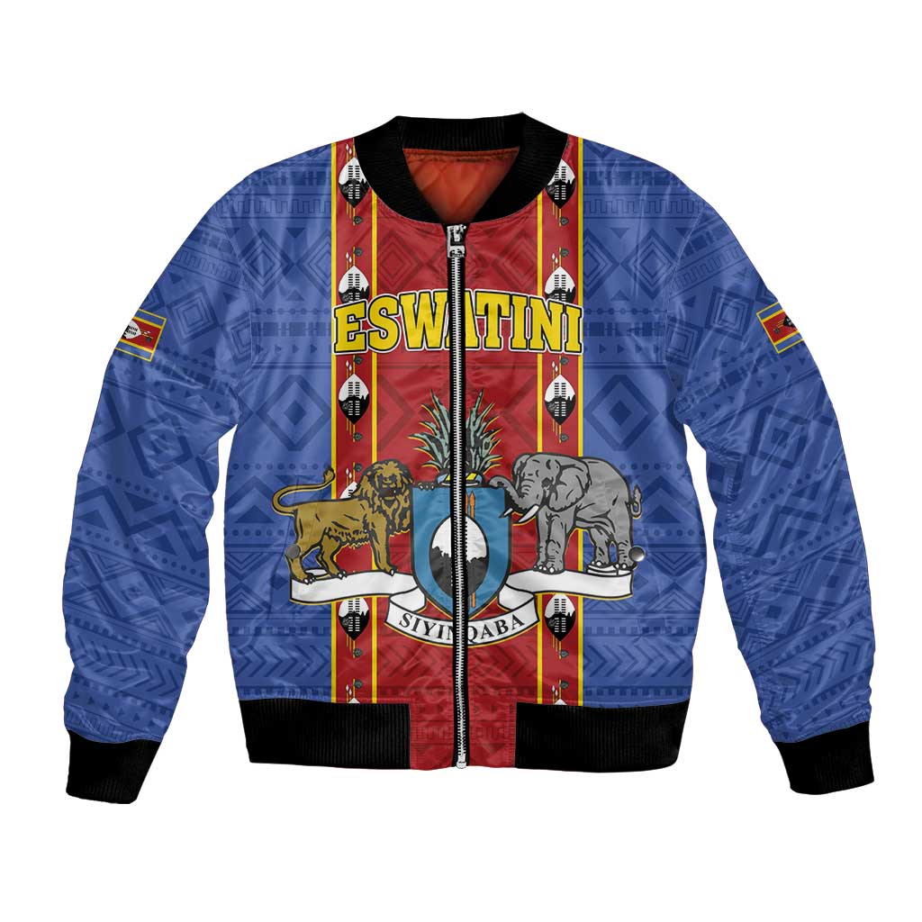 Blue bomber jacket with zip front, black cuffs, and ESWATINI graphic panel