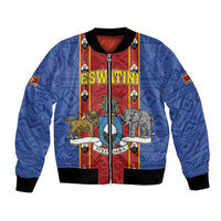 Blue bomber jacket with zip front, black cuffs, and ESWATINI graphic panel