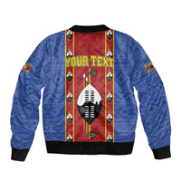 Blue bomber jacket with zip front, black cuffs, and red YOUR TEXT graphic panel