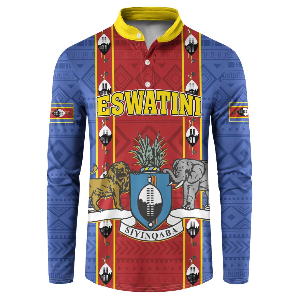 Blue button sweatshirt with red center print, yellow collar, ESWATINI text and animal shield