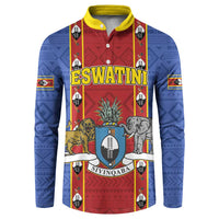 Blue button sweatshirt with red center print, yellow collar, ESWATINI text and animal shield