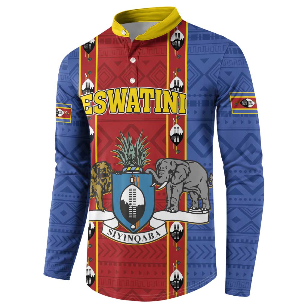 Blue button sweatshirt with red panel, yellow collar, ESWATINI text and elephant shield