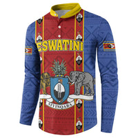 Blue button sweatshirt with red panel, yellow collar, ESWATINI text and elephant shield