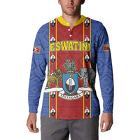 Blue button sweatshirt with yellow collar, red front print, ESWATINI text and animals