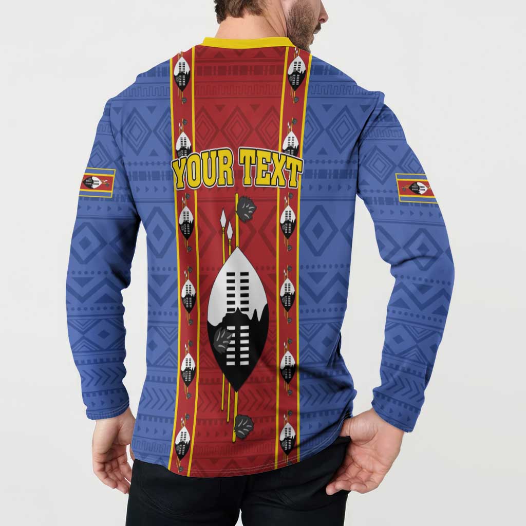 Blue button sweatshirt with yellow collar, red back panel, YOUR TEXT and shield graphic
