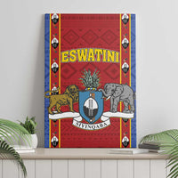 African pattern canvas wall art mounted on wall with ESWATINI text and shield crest, red/blue border