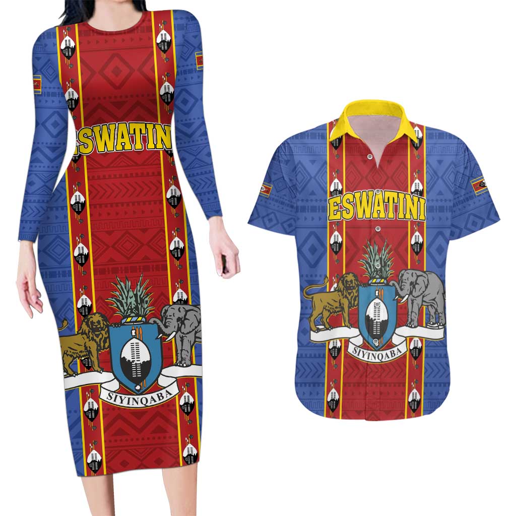 Eswatini African Pattern Couples Matching Long Sleeve Bodycon Dress and Hawaiian Shirt Swaziland Shield Siyinqaba - Wonder Print Shop