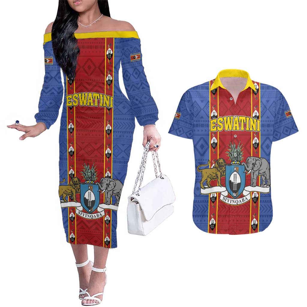 Eswatini African Pattern Couples Matching Off The Shoulder Long Sleeve Dress and Hawaiian Shirt Swaziland Shield Siyinqaba - Wonder Print Shop