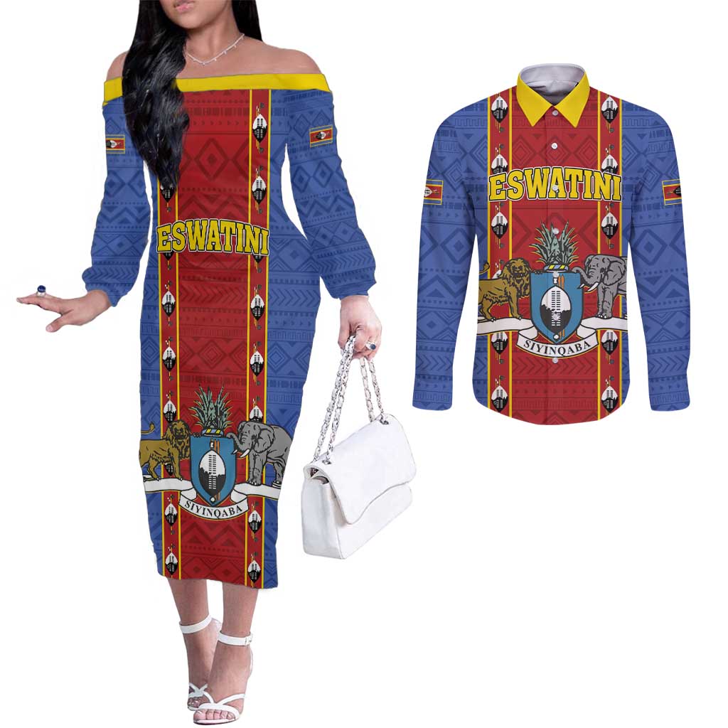 Eswatini African Pattern Couples Matching Off The Shoulder Long Sleeve Dress and Long Sleeve Button Shirt Swaziland Shield Siyinqaba