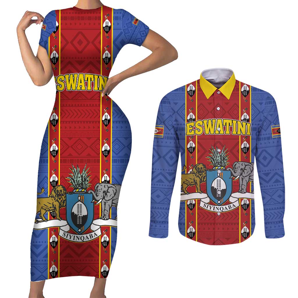 Eswatini African Pattern Couples Matching Short Sleeve Bodycon Dress and Long Sleeve Button Shirt Swaziland Shield Siyinqaba - Wonder Print Shop