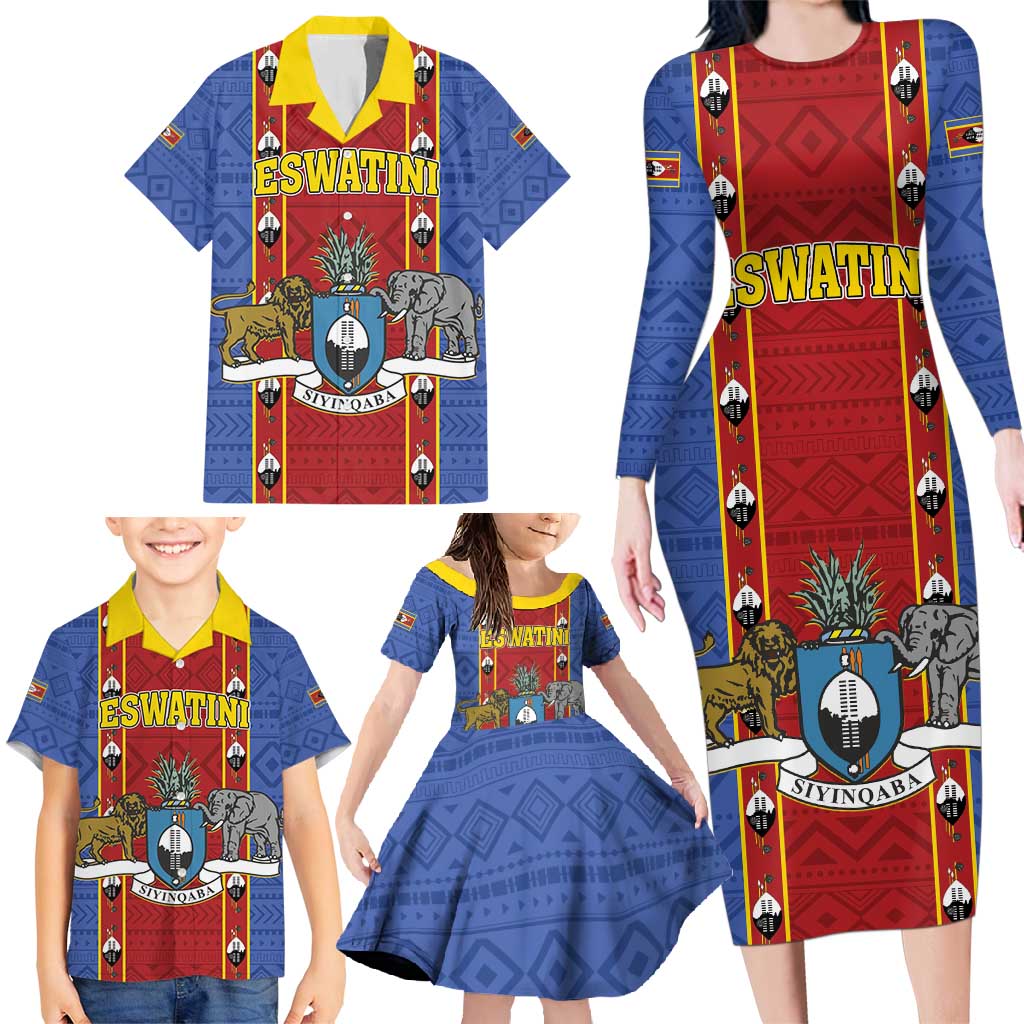 Eswatini African Pattern Family Matching Long Sleeve Bodycon Dress and Hawaiian Shirt Swaziland Shield Siyinqaba - Wonder Print Shop