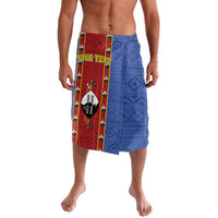 Men's knee-length patterned shorts with blue and red panels and graphic print