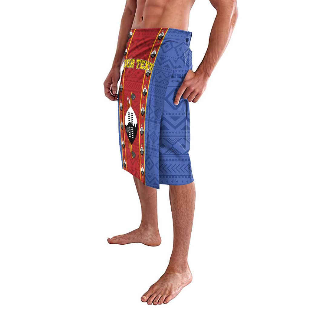 Men's side view knee-length shorts with blue geometric pattern and red panel
