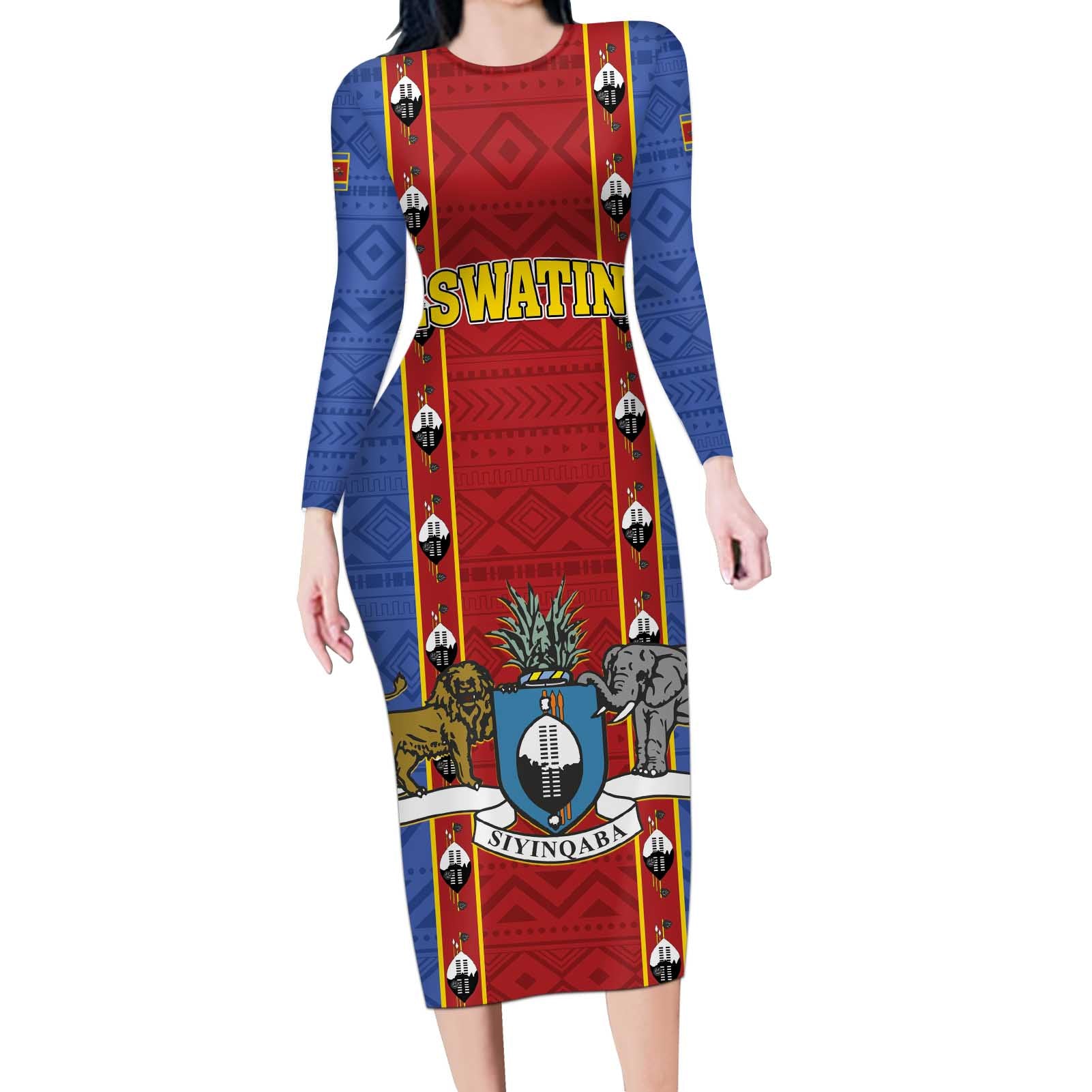 Eswatini African Pattern Long Sleeve Bodycon Dress Swaziland Shield Siyinqaba - Wonder Print Shop