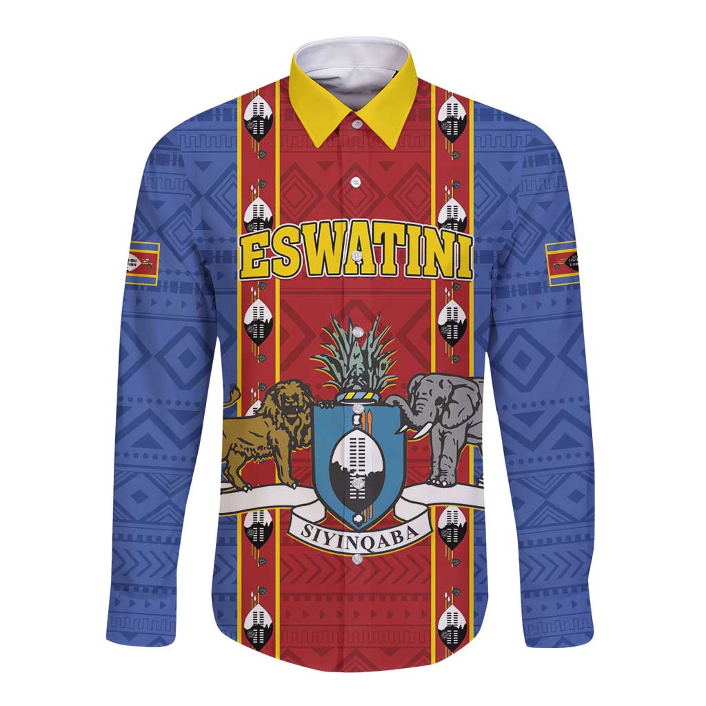 Blue long-sleeve button shirt with shield-style African pattern and yellow collar