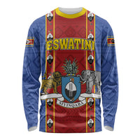 African pattern long sleeve shirt, blue sides with badge, ESWATINI text and animals graphic