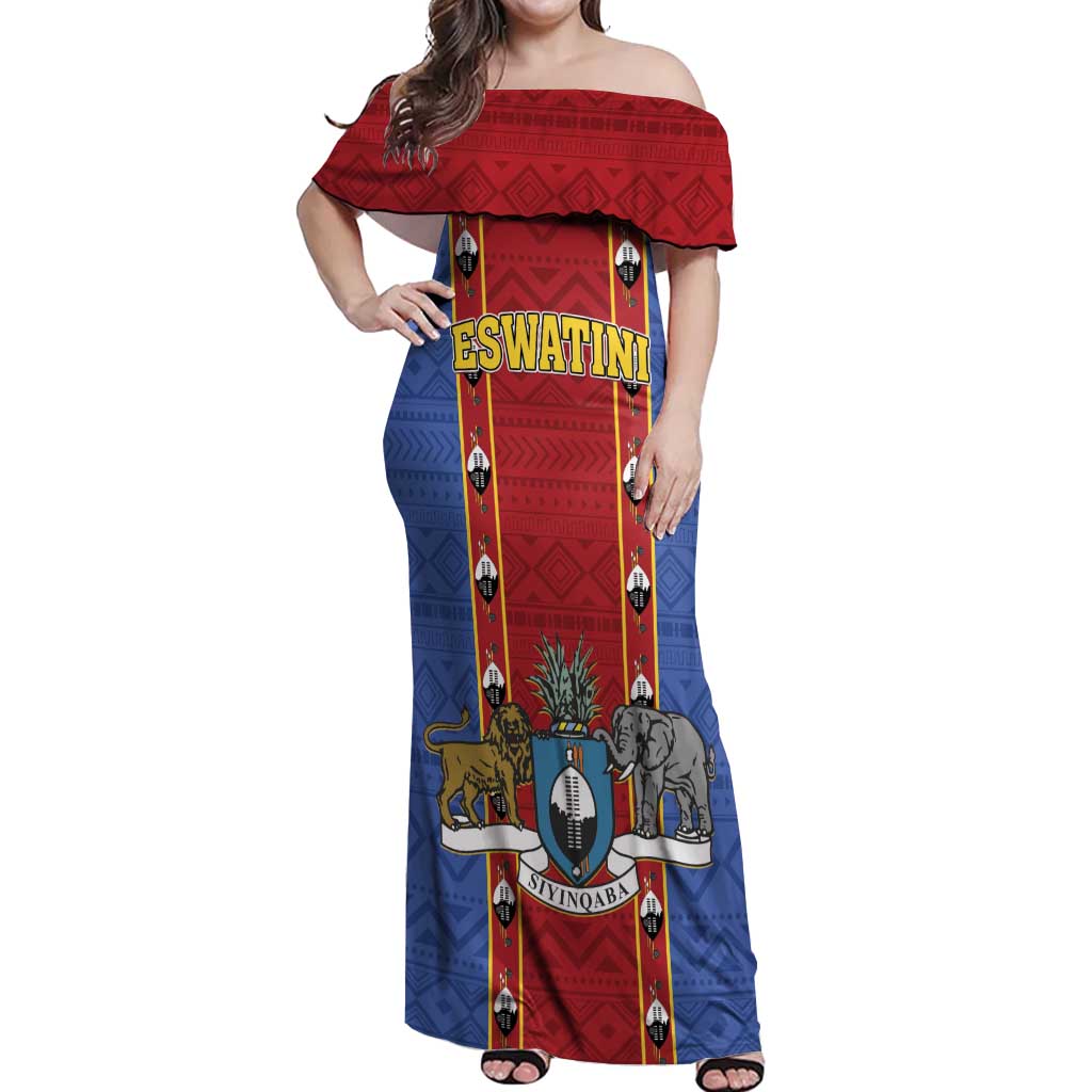 Eswatini African Pattern Off Shoulder Maxi Dress Swaziland Shield Siyinqaba - Wonder Print Shop