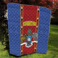 Blue and red quilt throw with ESWATINI shield print and elephant-and-lion graphic, quilted