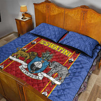 Blue quilt bed set with red ESWATINI shield panel and animal figures; 2 pillows