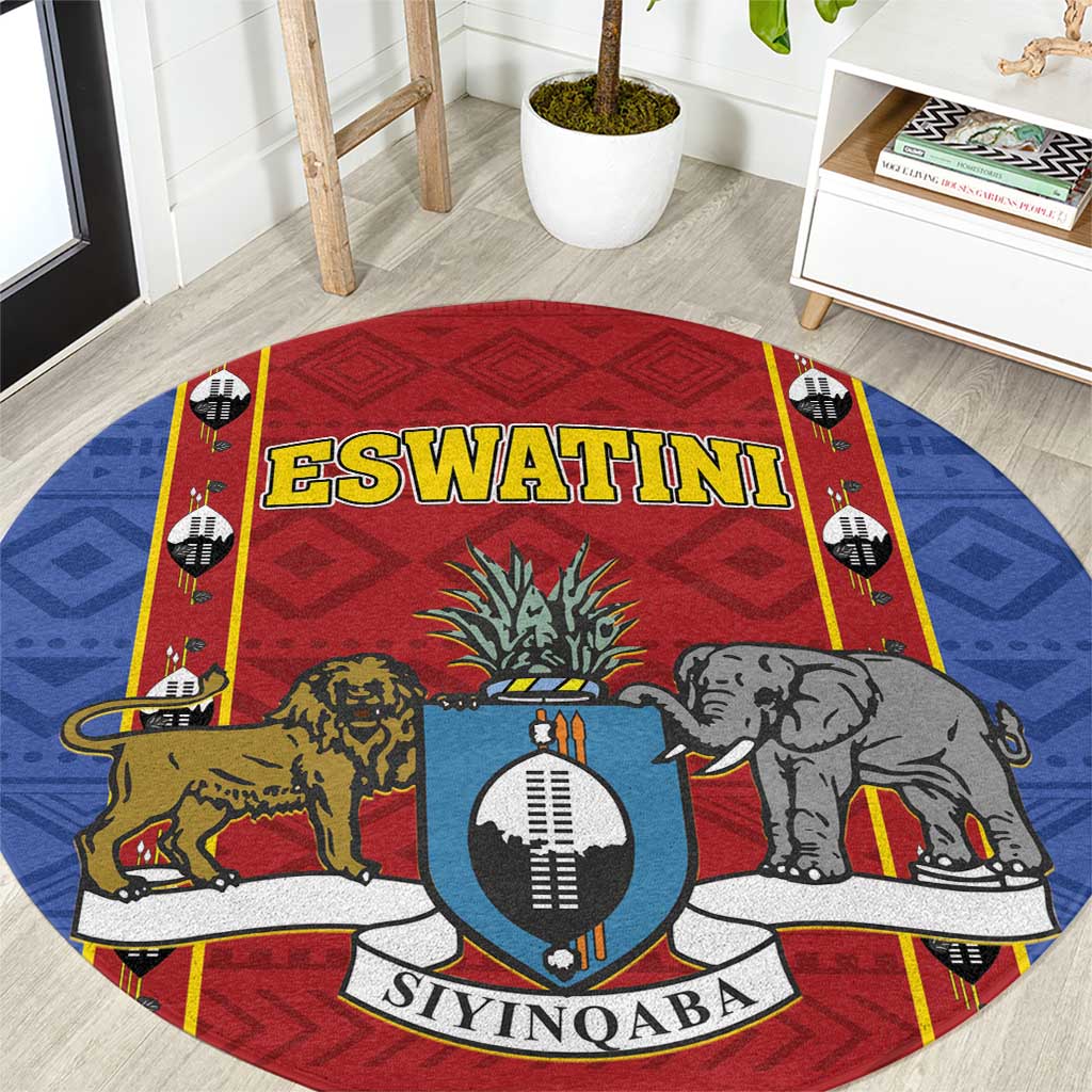 Round African pattern carpet rug with red-and-blue shield design, lion and elephant animal graphics