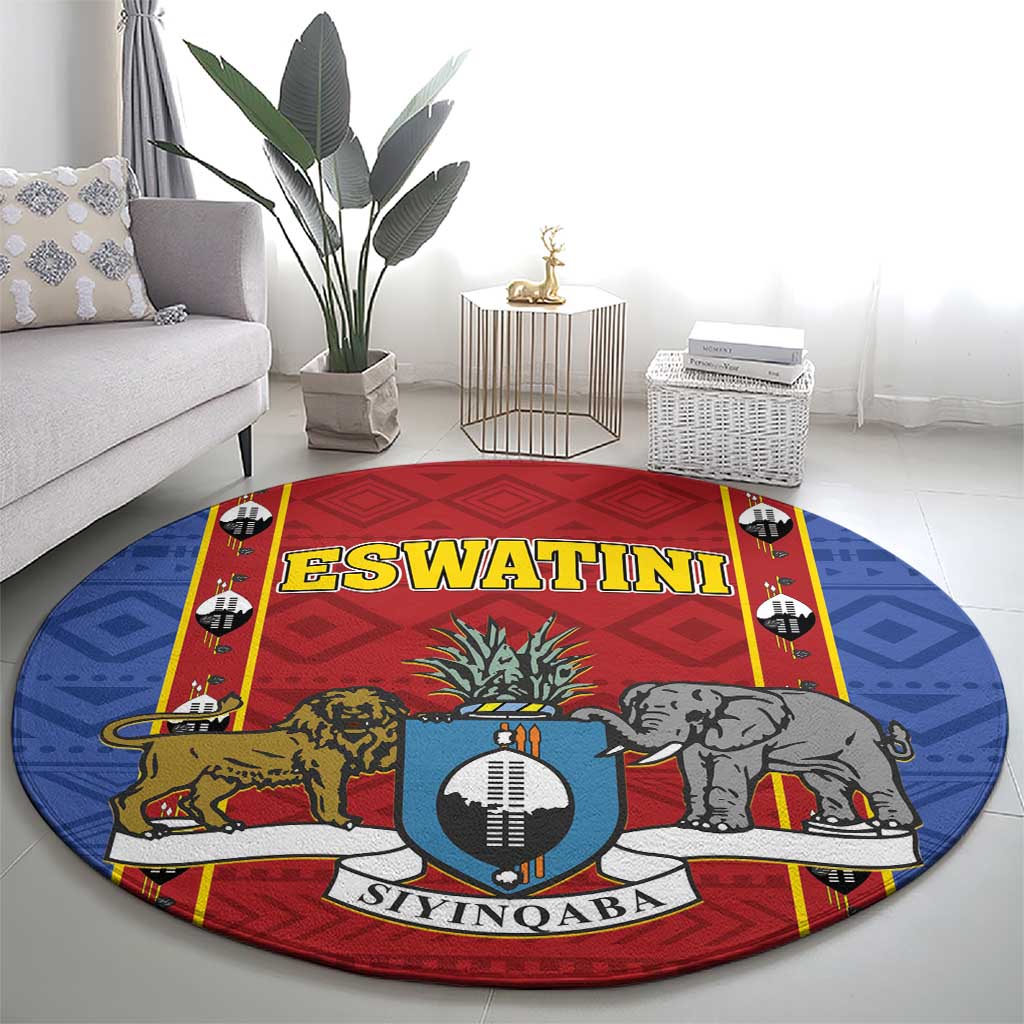 Round African pattern carpet rug with red center shield, animal figures, and blue outer border