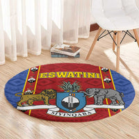 Round African pattern carpet rug with red shield artwork, lion and elephant graphics, blue outer ring
