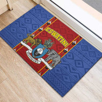 Blue rubber doormat with red shield and animal graphic, “ESWATINI” text, corner view