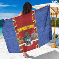 ESWATINI African shield sarong with red-blue border, elephant and lion graphics